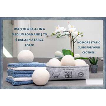 Wool Dryer Balls XL 6 Pack, Comes with Felt Container and Cotton Bag, Anti Static Organic Fabric Softener Substitute for Dryer Sheets, Speeds Up Dry Time to Cut Energy Costs, 100% New Zealand Wool