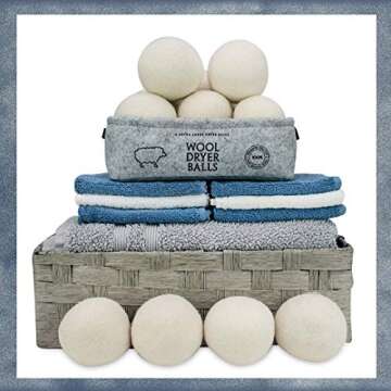 Wool Dryer Balls XL 6 Pack, Comes with Felt Container and Cotton Bag, Anti Static Organic Fabric Softener Substitute for Dryer Sheets, Speeds Up Dry Time to Cut Energy Costs, 100% New Zealand Wool