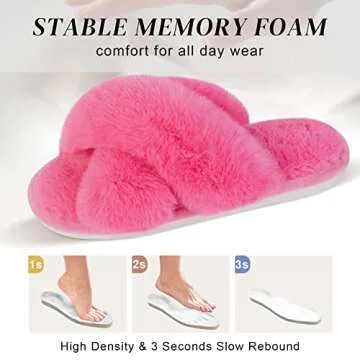 Parlovable Women's Fuzzy Slippers Comfy Cross Band House Shoes Memory Foam Open Toe Indoor Gifts for Ladies Hot Pink 7-8