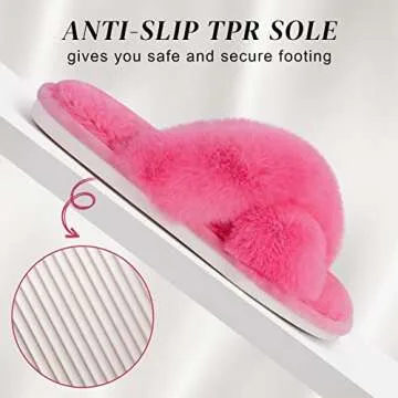 Parlovable Women's Fuzzy Slippers Comfy Cross Band House Shoes Memory Foam Open Toe Indoor Gifts for Ladies Hot Pink 7-8
