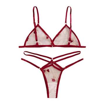 WDIRARA Women's Sexy Embroidered Mesh Sheer Lingerie Set Burgundy S