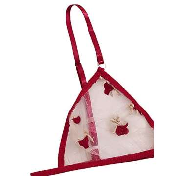 WDIRARA Women's Sexy Embroidered Mesh Sheer Lingerie Set Burgundy S