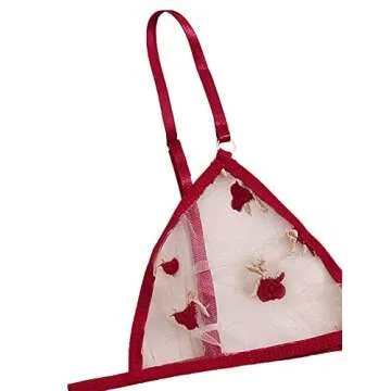 WDIRARA Women's Sexy Embroidered Mesh Sheer Lingerie Set Burgundy S