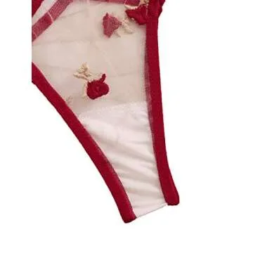 WDIRARA Women's Sexy Embroidered Mesh Sheer Lingerie Set Burgundy S