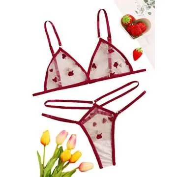 WDIRARA Women's Sexy Embroidered Mesh Sheer Lingerie Set Burgundy S