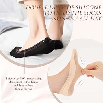 No Show Socks Womens Ultra Low Cut Liner Non Slip Socks for Women Footies Socks Invisible Socks for Flat Boat Black and Nude 7.5-9 No Shoes Thin Sock Dress Heel Sock Cotton Nylon No See Ballet Short