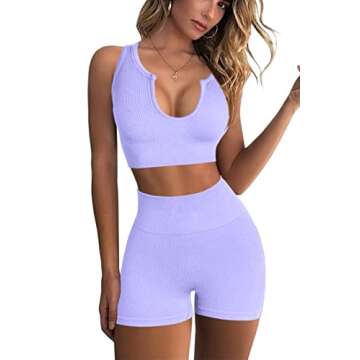 QINSEN Seamless Workout Sets for Women Ribbed Sport Bra High Waist Running Shorts Gym 2 Piece Yoga Sets Light Purple XS