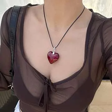 Big Heart Pendant Choker Necklaces - Chunky Glass Puffy Heart Choker Necklace for Women Y2K Grunge Jewelry Gifts (red heart)