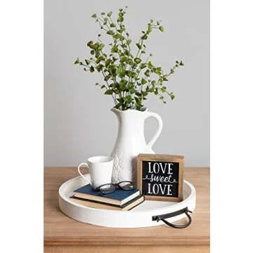 Kate and Laurel Marmora Casual-Farmhouse Round Wooden Decorative Tray with Black Metal Handles, Distressed Coastal White Finish, 18-inch Diameter