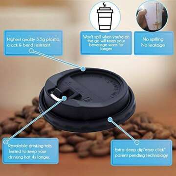 Sugarman Creations 12oz White Disposable Coffee Cups with Leak-Proof Lids. 130-Pack. Hot and Cold Beverage Drinking Cups. Jumbo Set of Paper Cups, Lids, Heat Resistant Sleeves and Stirrers