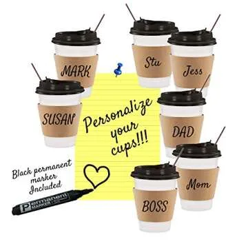 Sugarman Creations 12oz White Disposable Coffee Cups with Leak-Proof Lids. 130-Pack. Hot and Cold Beverage Drinking Cups. Jumbo Set of Paper Cups, Lids, Heat Resistant Sleeves and Stirrers