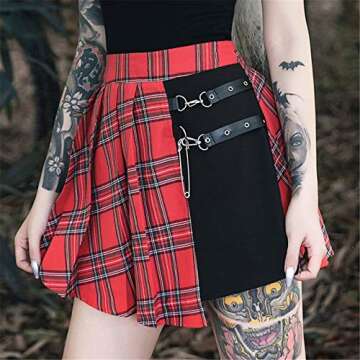 TOMETO STAR Women's Gothic Punk Skirts Red Plaid Pleated Ball Gown High Waist Patchwork Mini Skirt