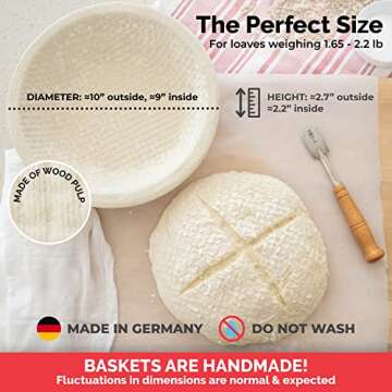 Bulka Large Round Banneton Bread Proofing Basket Pressed Wood Pulp, Sourdough Proofing Basket - Non-Stick Bread Proofing Bowl Sourdough Bread Baking Supplies, Made in Germany.