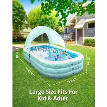 Inflatable Swimming Pool, 118" x72" x22" Family Blow up Swim Pools with Sun Shade,UV30+ Sun Shelter, Rectangular Lounging Pool for Backyard, Garden, Adults, for Age 3+