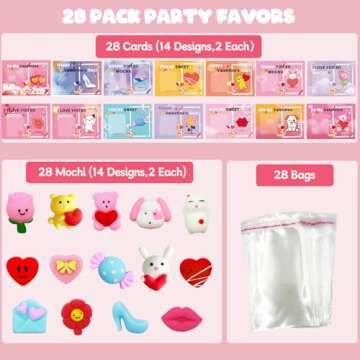 28 Pack Valentines Gifts for Kids, Valentines Mochi Squishies Toys with Valentines Cards for Kids Boys Girls Squishy Stress Relief Toys Party Favors School Classroom Exchange Prizes