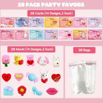 28 Pack Valentines Gifts for Kids, Valentines Mochi Squishies Toys with Valentines Cards for Kids Boys Girls Squishy Stress Relief Toys Party Favors School Classroom Exchange Prizes