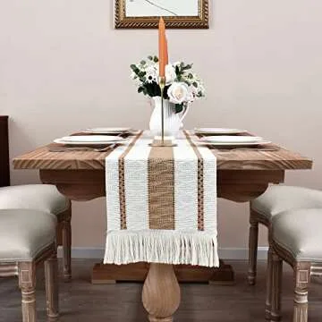 Home Macrame Table Runner Farmhouse Style - Burlap Cotton Rustic Cream Beige Boho Splicing Table Runner with Tassels for Wedding Bridal Shower Party Kitchen Dining Table Decor 12 x 72 Inch