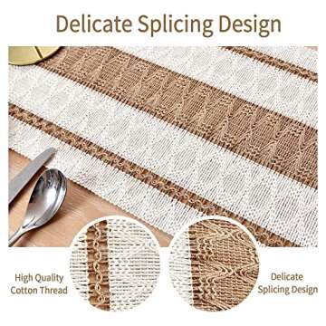 Home Macrame Table Runner Farmhouse Style - Burlap Cotton Rustic Cream Beige Boho Splicing Table Runner with Tassels for Wedding Bridal Shower Party Kitchen Dining Table Decor 12 x 72 Inch