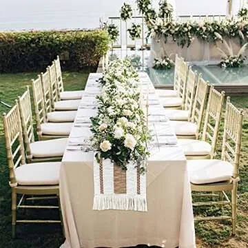 Home Macrame Table Runner Farmhouse Style - Burlap Cotton Rustic Cream Beige Boho Splicing Table Runner with Tassels for Wedding Bridal Shower Party Kitchen Dining Table Decor 12 x 72 Inch