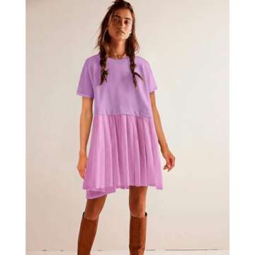 SAUKOLE Women’s Casual T-Shirt Dresses Short Sleeve Girls Dress Crewneck A Line Swing Short Loose Beach Sun Dress Purple