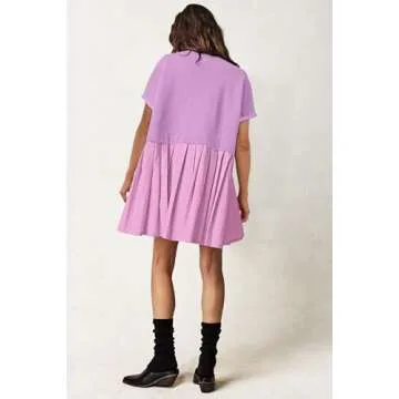 SAUKOLE Women’s Casual T-Shirt Dresses Short Sleeve Girls Dress Crewneck A Line Swing Short Loose Beach Sun Dress Purple