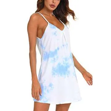 AVIIER Nigthgowns for Women Cotton Sleep Shirt Tie dye Night Dress V Neck Sleeveless Sleepwear Short Chemise (Sky, Large)