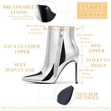 GENSHUO Ankle booties for women stiletto high heels short boots Metallic SilverSize 8.5