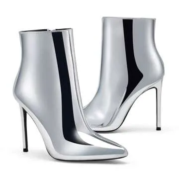 GENSHUO Ankle booties for women stiletto high heels short boots Metallic SilverSize 8.5