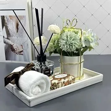 Goporcelain White Marble Bathroom Counter Tray - Ceramic Perfume Organizer and Jewelry Dish for Vanity Dresser