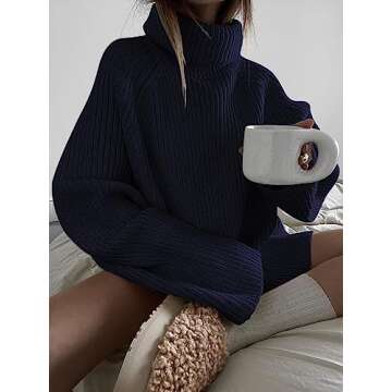 LILLUSORY Womens Turtleneck Oversized Chunkys Dress Long Tunic Pullover Chunky Plus Size Top Fall 2025 Navy Blue Small