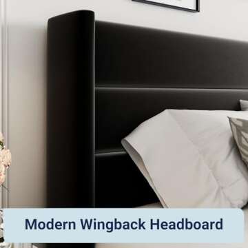 Allewie Queen Size Velvet Lift Up Storage Bed, Modern Wingback Headboard, Hydraulic Support, No Box Spring Needed, Black