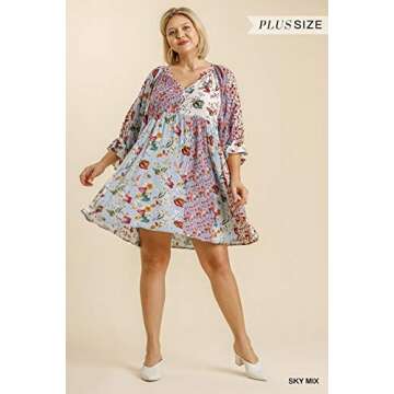 Umgee Women's Floral Mixed Print Puff Sleeve Dress (Small, Sky Mix)