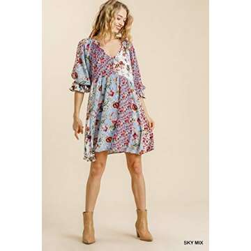 Umgee Women's Floral Mixed Print Puff Sleeve Dress (Small, Sky Mix)