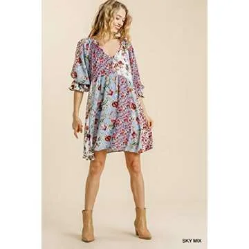 Umgee Women's Floral Mixed Print Puff Sleeve Dress (Small, Sky Mix)