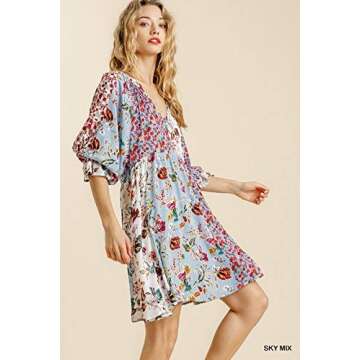 Umgee Women's Floral Mixed Print Puff Sleeve Dress (Small, Sky Mix)