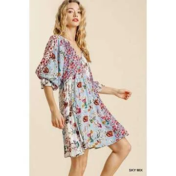 Umgee Women's Floral Mixed Print Puff Sleeve Dress (Small, Sky Mix)