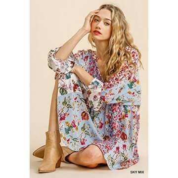 Umgee Women's Floral Mixed Print Puff Sleeve Dress (Small, Sky Mix)