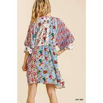 Umgee Women's Floral Mixed Print Puff Sleeve Dress (Small, Sky Mix)
