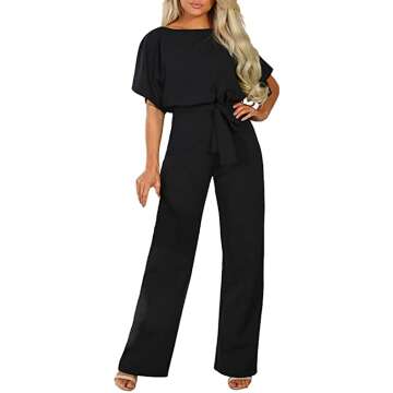 Happy Sailed Women Casual Short Sleeve Belted Wide Leg Jumpsuit