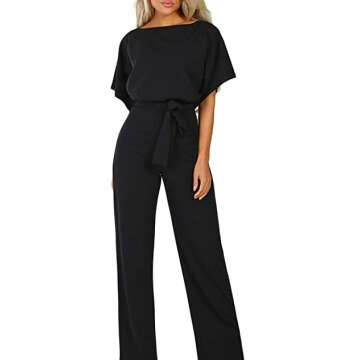 Women’s Casual Belted Wide Leg Short Sleeve Jumpsuit