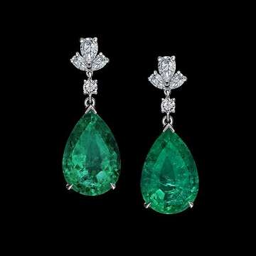 18K White Gold Statement Earrings 13.08 TCW, 2.42 ct. Pear Shape Emerald With 0.66 ct. Diamond Side ...