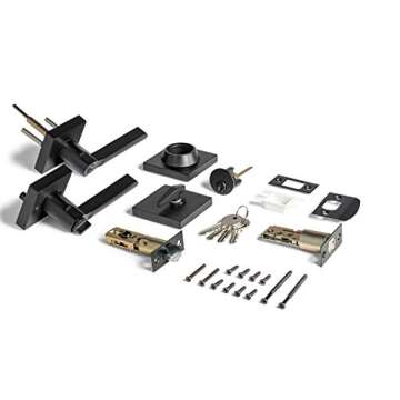 Berlin Modisch Entry Lever Door Handle and Single Cylinder Deadbolt Lock and Key Slim Square Locking Lever Handle Set [Front Door or Office] Right & Left Sided Doors Heavy Duty – Iron Black Finish