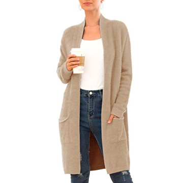 QIXING Women's Casual Open Front Knit Cardigans Long Sleeve Plush Sweater Coat with Pockets Khaki-Medium