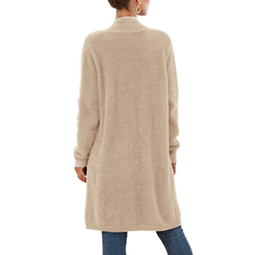 QIXING Women's Casual Open Front Knit Cardigans Long Sleeve Plush Sweater Coat with Pockets Khaki-Medium