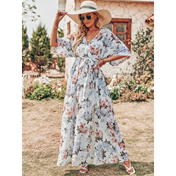 ANRABESS Women’s Summer Loose Boho Flowy Wrap V Neck 3/4 Sleeve Floral Print Slit Beach Wedding Guest Long Maxi Dresses White Flor Small
