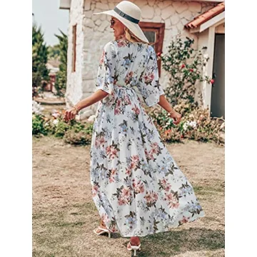 ANRABESS Women’s Summer Loose Boho Flowy Wrap V Neck 3/4 Sleeve Floral Print Slit Beach Wedding Guest Long Maxi Dresses White Flor Small