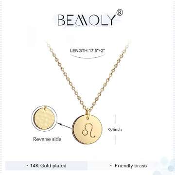 Befettly Constellation Necklace Pendant 14K Gold-Plated Hammered Round Disc Engraved Zodiac Sign Pendant 17.5’’ Adjustable Dainty Necklace NK-Leo