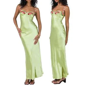 Seyumixi Women Hollow Out Long Dress Bodycon Backless Maxi Dress V Neck Spaghetti Strap Cocktail Dress (N Floral Green,S)