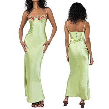 Seyumixi Women Hollow Out Long Dress Bodycon Backless Maxi Dress V Neck Spaghetti Strap Cocktail Dress (N Floral Green,S)