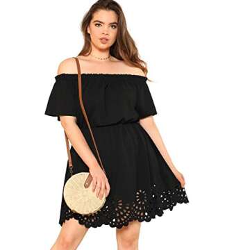 ROMWE Women's Plus Size Off The Shoulder Hollowed Out Scallop Hem Party Short Dresses Black 2X Plus
